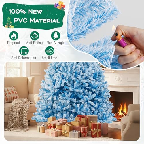 HAPPYGRILL 8 FT Flocked Christmas Tree Blue Hinged Xmas Tree with 1774 Branch Tips & Folding Metal Stand, Artificial Christmas Tree for Home Office Carnival