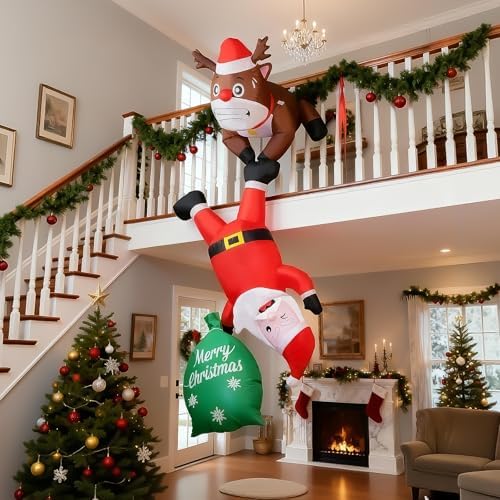 8FT Hanging Inflatable Christmas Climbing Santa & Reindeer Outdoor Decor