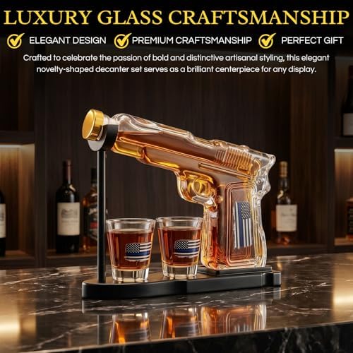 Police Flag 8 oz Whiskey Decanter Set with 2 oz Two Shot Glasses