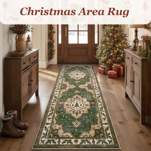 Engiw Christmas 2x6 Runner Rug, Washable Non-Slip, Soft Low Pile Carpet, Christmas Decorations for Living Room, Bedroom, Kitchen, Hallway, Entryway and Under Christmas Tree