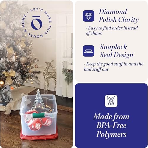 HOMZ Holiday Tote Plastic Storage Bin with Lid, 64 Qt, Clear/Red, 6 Pack