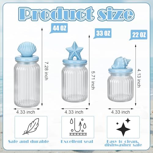 Mimorou 3 Set Beach Candy Glass Jars with Ceramic Lid 44oz 33oz 22oz Coastal Cookie Jar Airtight Glass Food Storage Container for Spring Summer Baby Shower Party Tea Snacks Sugar