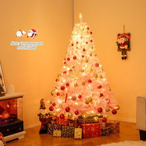 HAPPYGRILL 6 FT Pre-lit Flocked Christmas Tree Pink Hinged Xmas Tree with 820 Branch Tips, 250 Warm White LED Lights & Folding Metal Stand, for Home Office Carnival
