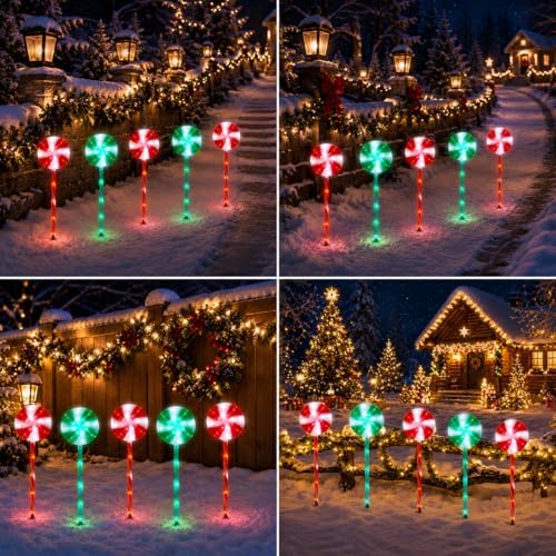 BRIGHTDECK 5 Pack Solar Christmas Pathway Lights, RedGreen Lollipop Stakes