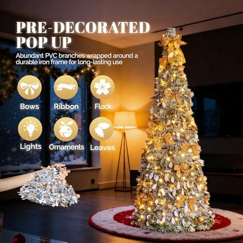 VINGLI 7ft Pre Lit Pop Up Christmas Tree w/ 170 Lights, Fully Decorated Flocked Pencil Christmas Tree, Collapsible Xmas Tree for Holiday Party Decorations, Gold