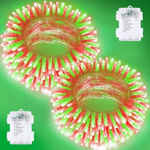 2 Pack 200 LED Battery Operated String Lights, Fairy Lights Red & Green