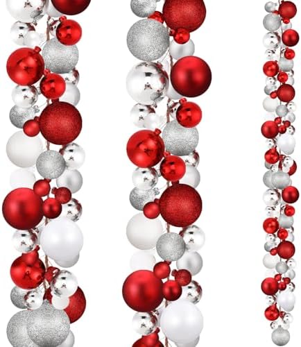 2 Pcs 6 ft Christmas Ball Ornament Garland, Red, White, Silver