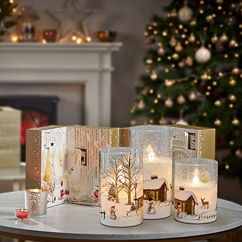 Snowman Glass Flameless Candles Battery Operated with Remote and Timer Real Wax LED Flickering Pillar Candles White Cold Light Window Christmas Holiday Decor D3 x 4",5",6"
