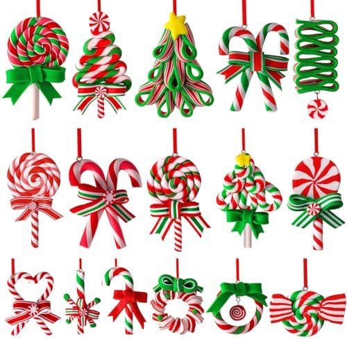 AUGSUN 16Pcs Christmas Lollipop Ornaments, Candy Christmas Tree Decorations Colorful Mini Candy Cane Hanging Ornaments Polymer Clay Peppermint Pendants for Xmas Tree Party Home Decorations
