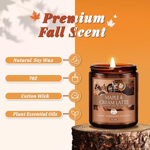 Fall Candle, Maple & Cream Latte Scented Candles for Home, Natural Soy Autumn Candle Aromatherapy Candle, 7 oz Jar Candles Fall Gifts for Women Men
