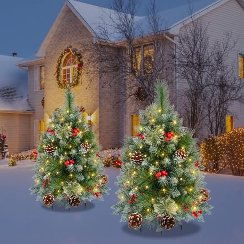 Christmas Tree Urn Filler with Timer, Pre-lit Warm White & Multi-Color Changing LED Lights, Artificial Xmas Tree for Porch, Pathway, Yard, Outdoor Holiday Decoration (2, Tree with Snow)