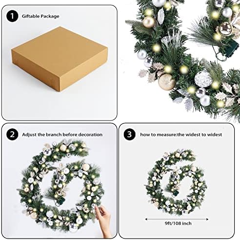 WANNA-CUL Pre-Lit 9ft Christmas Garland with Lights 50LED Pale Gold Baubles