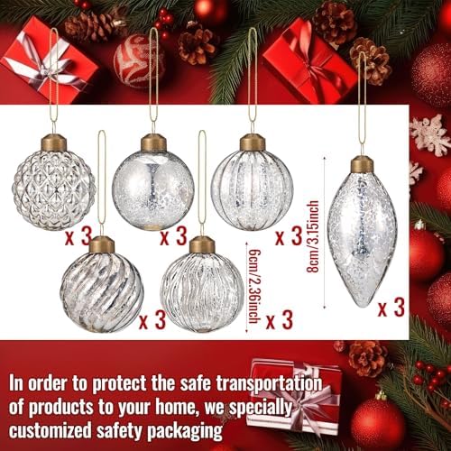 Syhood 18 Pcs Silver Christmas Mercury Glass Balls Ornaments, 6 Styles