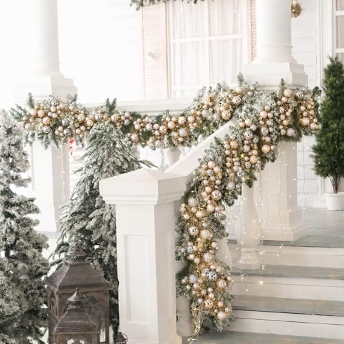 2 Pcs 6 ft Christmas Ball Ornament Garland, Silver, Champagne Gold
