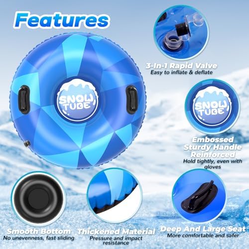 WOLKEK 3Pack Snow Tubes, Snow Sled for Kids and Adults, Cold-Resistant Inflatable Snow Tube, Thickened Heavy Duty Sleds for Winter with Handles, Snow Toys, Snow Sleds for Family Activities Outdoor Fun