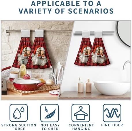 Santa Claus Christmas Hanging Hand Towels Set of 2 Red Black Buffalo Plaid Xmas Kitchen Towels with Hanging Loop Winter Holiday Oven Stove Dish Cloth Soft Absorbent Bath Tie Towel for Bathroom Decor