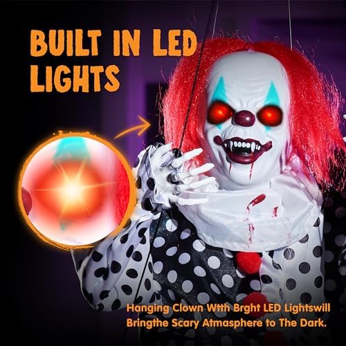 JOYIN Scary Halloween Decorations Outdoor, Halloween Hanging Swinging Animatronic Clown with Scary Sound and Moving Body, Sound Activated Outdoor Swinging Ghost with Light Up Eyes for Indoor Outside