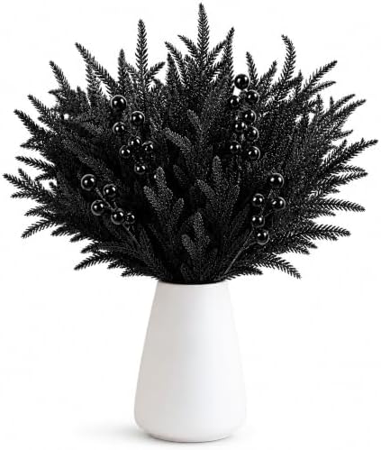 45 Pcs Halloween Black Norfolk Pine Branches, Faux Black Stems Centerpieces