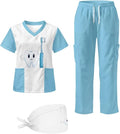 Gomyblomy Women's Scrubs Suit 3-Piece Set | Teeth Print V-Neck Top & Pants & Cap, Breathable and Stretch Fabric, S-5XL