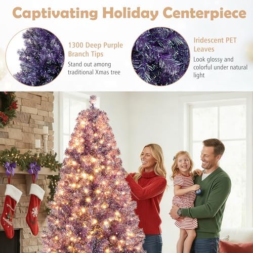 HAPPYGRILL 7.5 FT Pre-lit Tinsel Christmas Tree Artificial Xmas Tree with 550 LED Lights, 8 Modes, 1300 Deep Purple Branch Tips, Folding Metal Stand, Seasonal Holiday Tree for Home Office Party