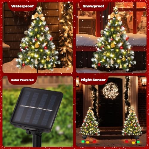 Mini Christmas Tree Solar Lights, Outdoor Decorations, 4 Pack