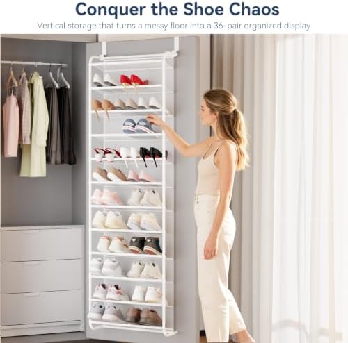 Whitmor 36 Pair Over the Door Shoe Rack,12 Tier Hanging Shoe Organizer with Metal Frame & Mesh Shelves, Heavy Duty Shoe Storage Holder for Door, No Drill Installation, 74" H x 21.7" W x 7.5" D, White