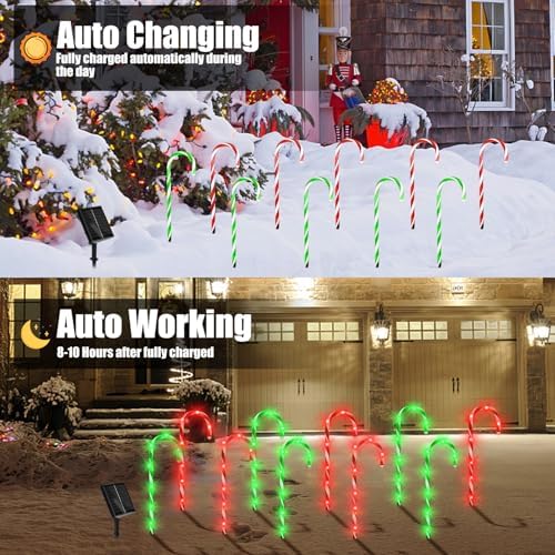 10 Pack Solar Candy Cane Lights, 21 Inch Red and Green Christmas Yard Decor