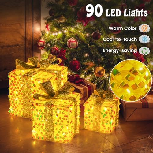 Tangkula Set of 3 Christmas Lighted Gift Boxes