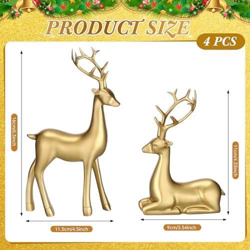 Thyle 4 Pcs Christmas Reindeer Decor Indoor Small Gold Resin Deer Figurine