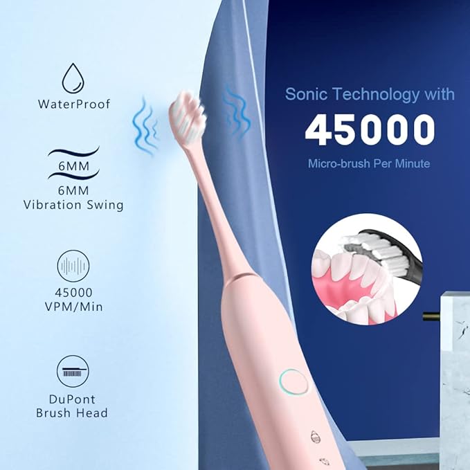 2 Pack Rechargeable Electric Toothbrushes for Adults and Kids, Whitening Tooth Brush with 8 Brush Heads, 6 Cleaning Modes and Smart Timer, Waterproof Cleaning Toothbrushes Set
