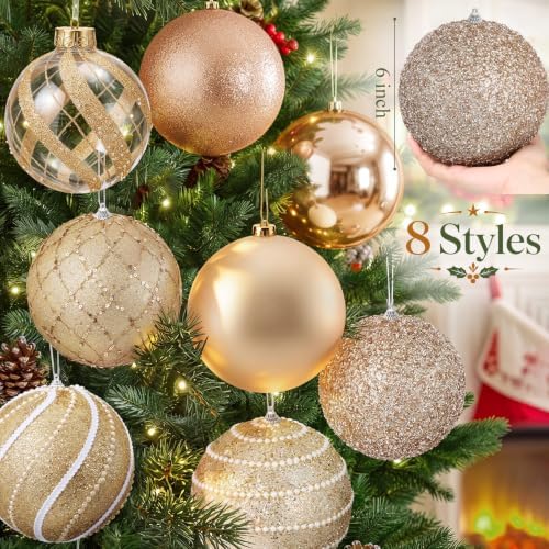 Lyrow 8 Pcs Champagne Large Christmas Ball Ornament 6 Inch Hanging Ornament