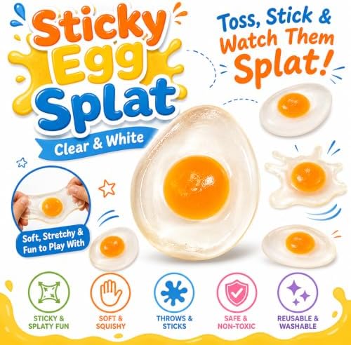 The Dreidel Company 6 Count Clear Sticky Egg Splat Balls - Soft Squishy Liquid Filled Yolk Stress Relief Fidget Toys, Novelty Party Favors and Goodie Bag Fillers