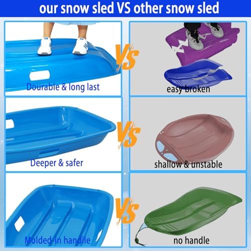 Adult and Kids Plastic Toboggan Snow Sled,Durable Cold-Resistant Flexible Design, with Pull Rope & Handles for Winter Outdoor Sports-35 Inch
