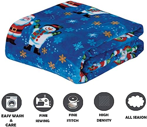 Elegant Comfort Luxury Velvet Super Soft Christmas Prints Fleece Blanket-Holiday Theme Home Décor Fuzzy Warm and Cozy Throws for Winter Bedding, Couch and Gift, 50 x 60 inch, Blue Santa Snowman