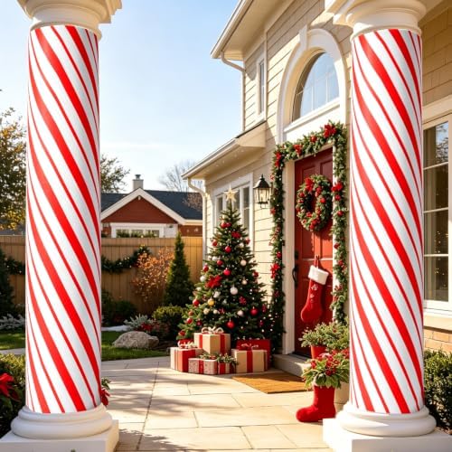 2pack Christmas Candy Cane Column Wraps, Red White Striped Pillar Wrap