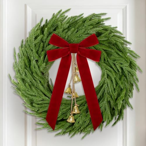 Christmas Decor, 24" Norfolk Pine Christmas Wreath with Velvet Bow & Bells