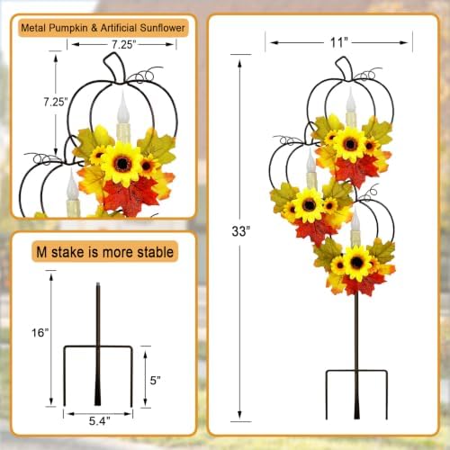 Thanksgiving Solar Lights Outdoor,Metal Trio Pumpkin LED Candles Yard Decor