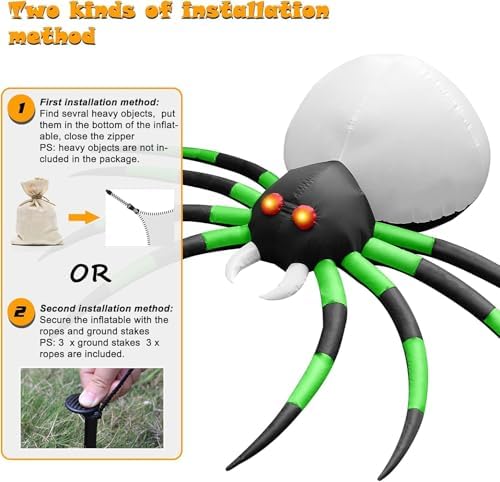 8 FT Halloween Inflatables Spider Outdoor Decorations for Yard, Giant Blow up Green Spider with Rotating Fire Flame Light, Large Spooky Spider Props for Halloween Party Garden Lawn House Holiday Decor