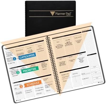 Planner Pad Spiral Bound January-December 2026/ Calendar Year 8 1/2" x 11" Large 3-Tier Funnel Down 12 Month Organizer, Black Cover/Black Ink