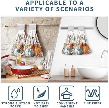 Fall Orange Pumpkin Hanging Hand Towels Set of 2 Autumn Harvest Maple Leaves Kitchen Towels with Hanging Loop Thanksgiving Holiday Bath Towels Soft Absorbent Fingertip Dish Tie Towel for Bathroom