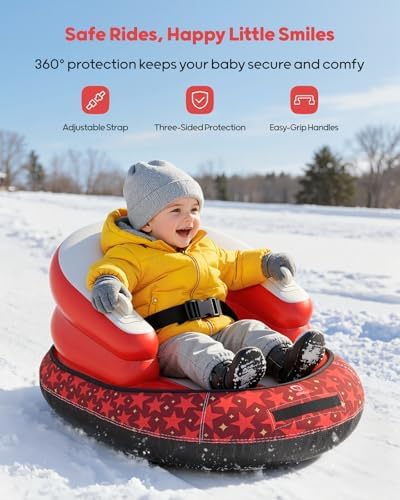 QPAU Snow Sled for Toddlers 1-3 with Canvas Cover, Inflatable Baby Sled with 3-Sided Protection, Tow Strap & Handles, Kids Snow Tube for Skiing & Sledding Outdoor Toys
