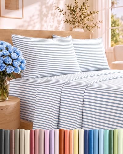 Queen Size 4 Piece Sheet Set - Breathable & Cooling Sheets - Blue Stripes
