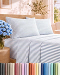 Queen Size 4 Piece Sheet Set - Breathable & Cooling Sheets - Blue Stripes