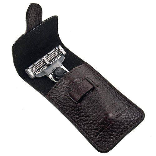 Parker Travel Razor – Compatible with Gillette® Mach3® Cartridges – Compact Chrome Brass Handle with Premium Buffalo Leather Case for Men’s Grooming & Travel