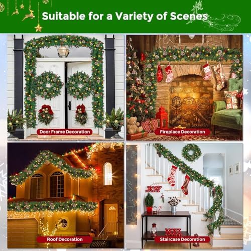 Christmas Garland, 9FT Prelit Christmas Garland with 50 LED Lights, Greenery Xmas Garland with 16 Pine Cones 75 Red Berry Christmas Decoration for Indoor Outdoor Home Mantel Fireplace