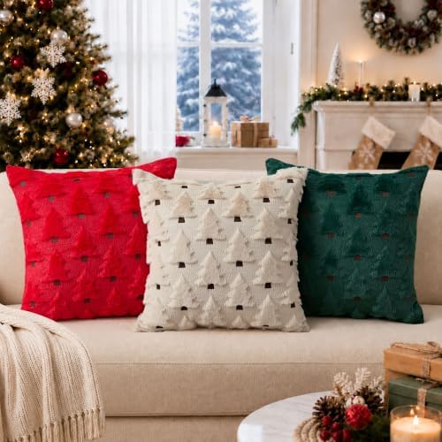 Allorry Christmas Pillow Covers 20x20 inch Set of 2 Christmas Decorations Soft Plush Faux Fur Wool Beige Christmas Tree Throw Pillow Cases Winter Holiday Decor for Sofa Living Room PT-002C20
