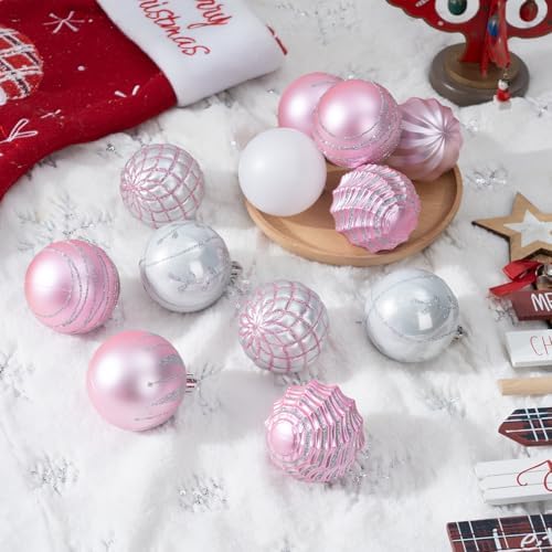 100Pcs Pink Silver Christmas Ball Ornaments Set for Tree, Assorted Shatterproof Christmas Decorations, Hanging Decor for Xmas Tree Holiday/Party/Home (Pink & Silver & White)