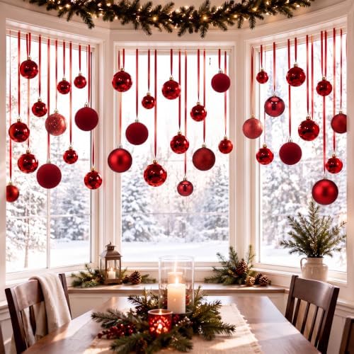 56 Pcs Red Christmas Window Hanging Ball Ornament Window Decorations Set