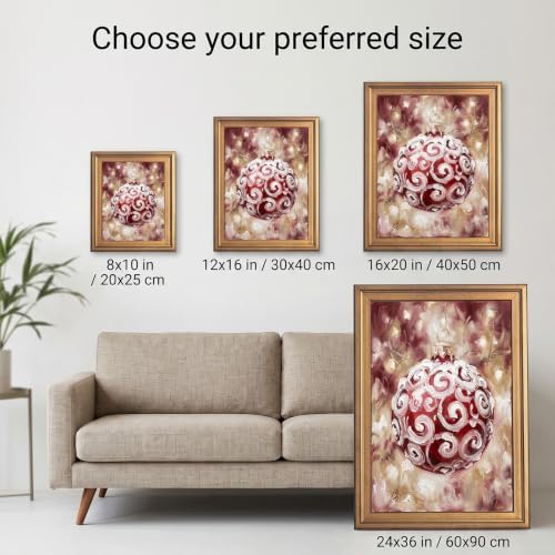 Framed Canvas Wall Art Expressive Painterly Red Glass Ornament Red and White Snow Swirls Canvas Print Poster Gold Frame Wall Decor for Living Room Holiday Decor, Christmas Spirit - Inch 24x36