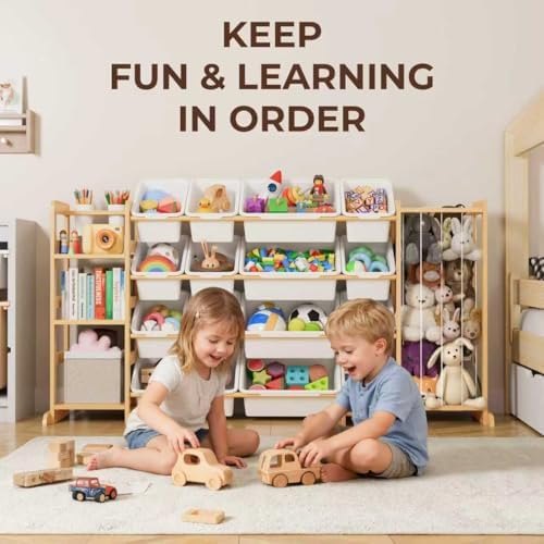 Toy Storage Organizer with Bookshelf and Stuffed Animal Storage - Playroom Organization with 3 Shelves and 16 Bins - Living Room Box for Lego - Bedroom Decor Essential